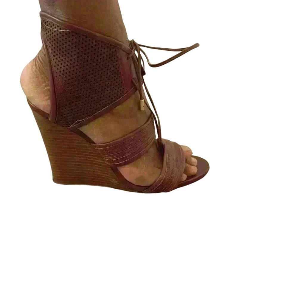 Derek Lam Burgundy Leather Perforated Lace Up Wedge Sandals Made in Italy Size 9